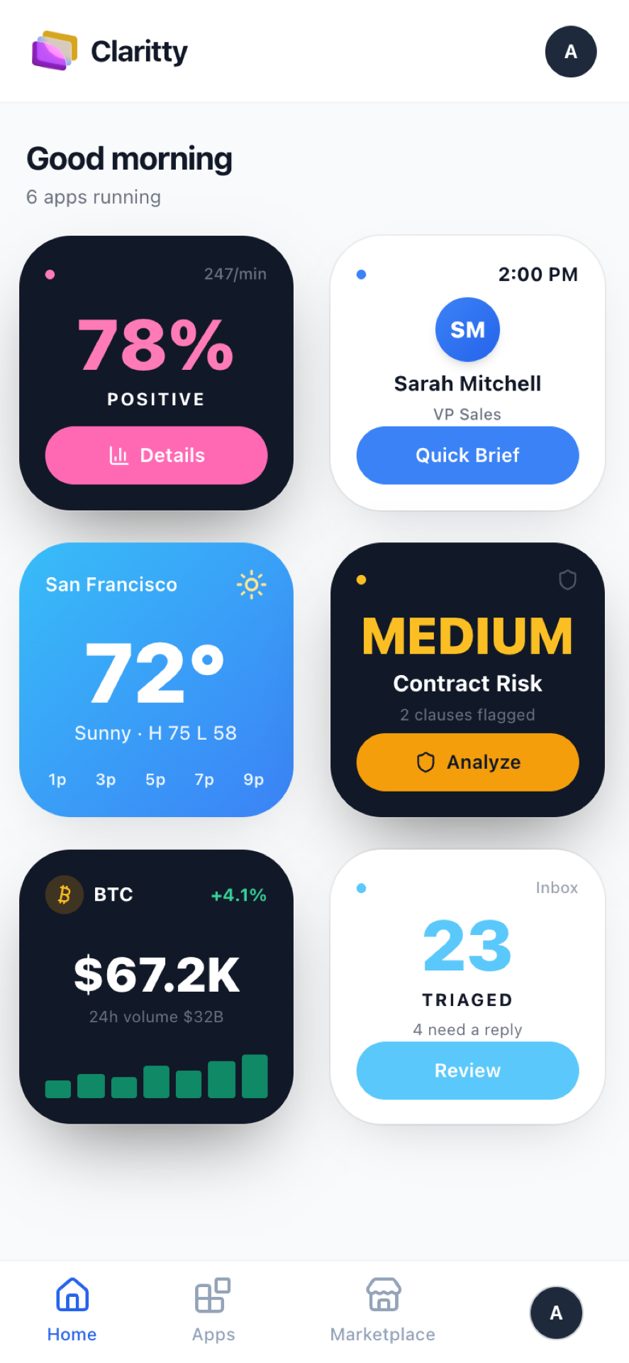 Claritty dashboard — mobile view